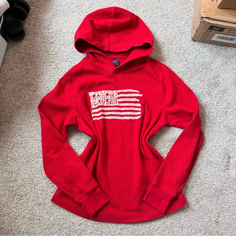 Ralph Lauren long sleeve hoodie top. Kids size xl, American flag on front